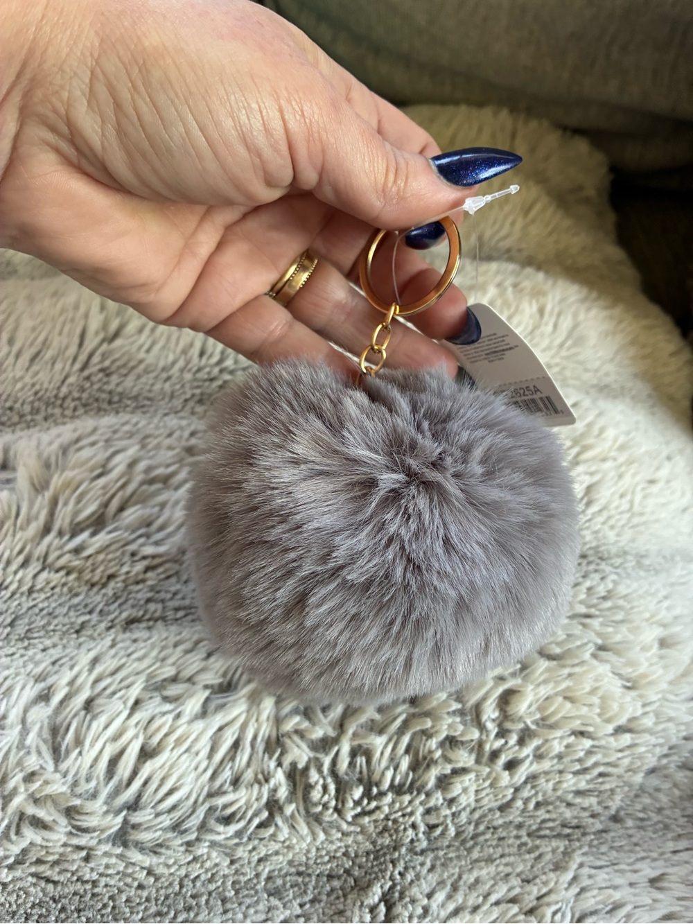 Plush Grey Fur Pom Pom Keychain/Charm with Gold Hardware